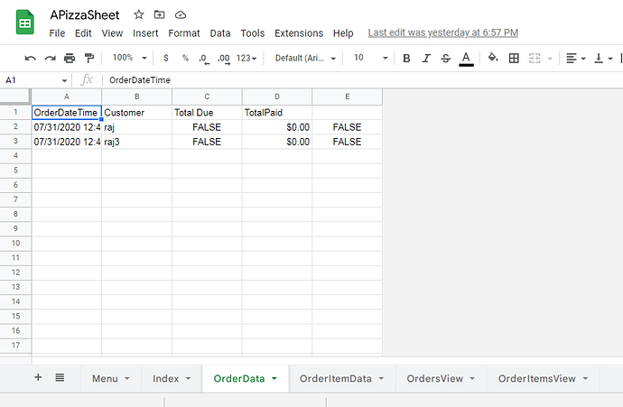 OrderData Sheet