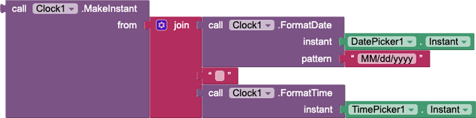 Example code blocks to combine date and time picker data