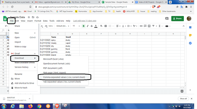 Sheet download to csv