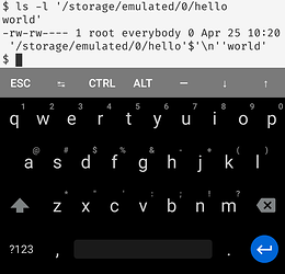 Screenshot of Termux.ls -l '/storage/emulated/0/helloworld'-rw-rw---- 1 root everybody 0 Apr 25 10:20 '/storage/emulated/0/hello'$'\n''world'